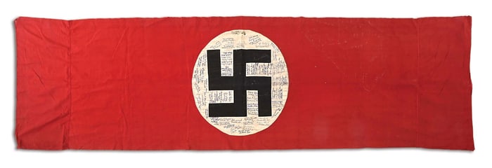 GERMAN WWII CAPTURED BANNER SIGNED BY US TROOPS.