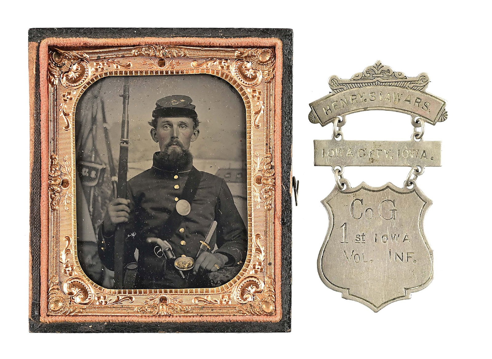 US CIVIL WAR TINTYPE AND LADDER BADGE.: A nice display that consists of a ladder badge marked "HENRY.SIAWARS. / IOWA CITY.IOWA / Co. G / 1st IOWA / VOL. INF." The badge remains intact with complete loops and suspension bars. Pin back is int