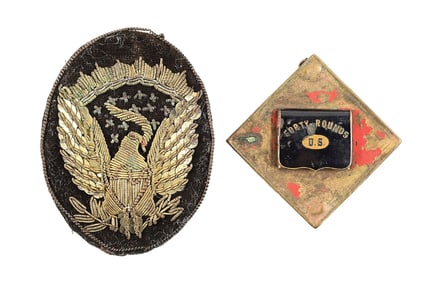 LOT OF 2: US CIVIL WAR OFFICER'S HARDEE HAT EAGLE AND TIFFANY & CO XV CORPS 1ST DIVISION BADGE.