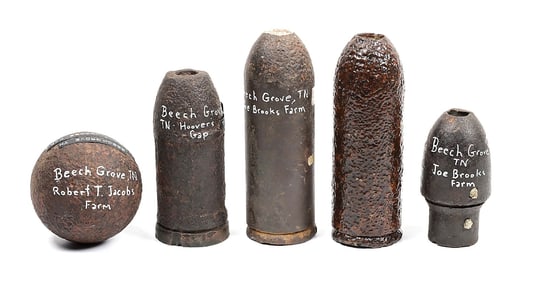 LOT OF 5: US CIVIL WAR SHELLS RECOVERED FROM BEECH GROVE, TENNESSEE.
