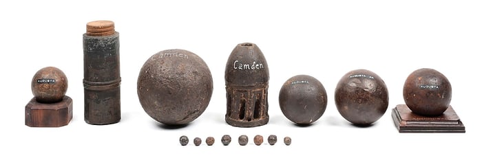 LOT OF 7: US CIVIL WAR SHELLS RECOVERED FROM CAMDEN & AUGUSTA, ARKANSAS.