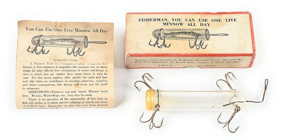 EARLIEST DETROIT GLASS MINNOW TUBE IN BOX WITH PAPER