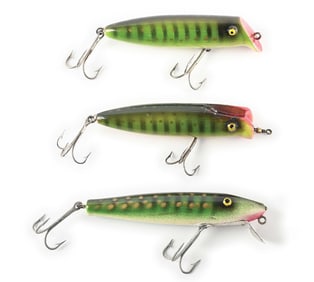 3 PAW PAW LURES IN GREEN WITH GOLD DOTS