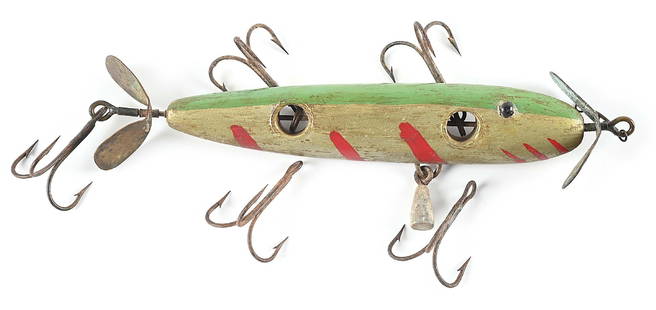 RHODES MUSKY MINNOW: Excellent Minus or better condition on this very rare circa 1903 bait. Aluminum base with green back, and multiple red gill decorations on each side. Side hooks are all there, with two of them having