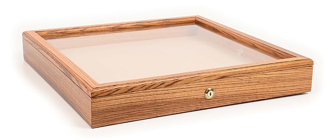 LARGE OAK WOOD DISPLAY CASE WITH KEY