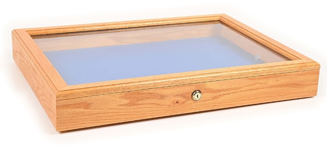 LARGE OAK WOOD DISPLAY CASE WITH KEY