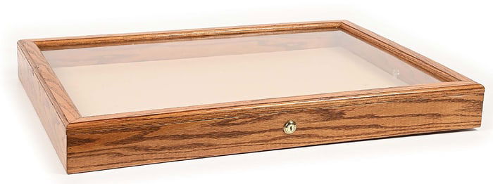 LARGE OAK WOOD DISPLAY CASE WITH KEY