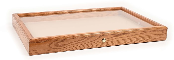 LARGE OAK WOOD DISPLAY CASE WITH KEY