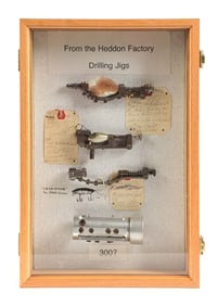 FOUR HEDDON DRILL JIGS DISPLAY CASE