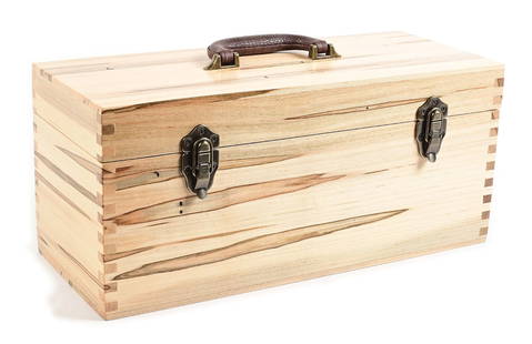 GENE MEISBERGER CUSTOM MADE TACKLE BOX: Very light-toned wood, interspersed with long, thin, dark coloration, giving the impression of shimmering, sunlit water. Alligator skin handle and dark brass hardware. Maker’s name prominently d
