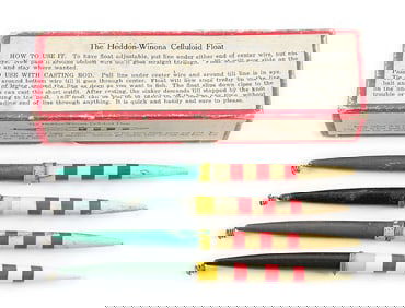 FOUR HEDDON-WINONA CELLULOID FLOATS IN RARE BOX