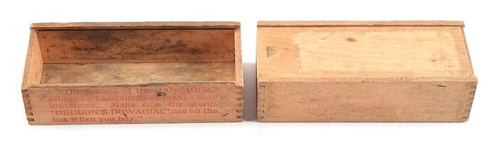 TWO WOODEN SLIDE TOP LURE BOXES