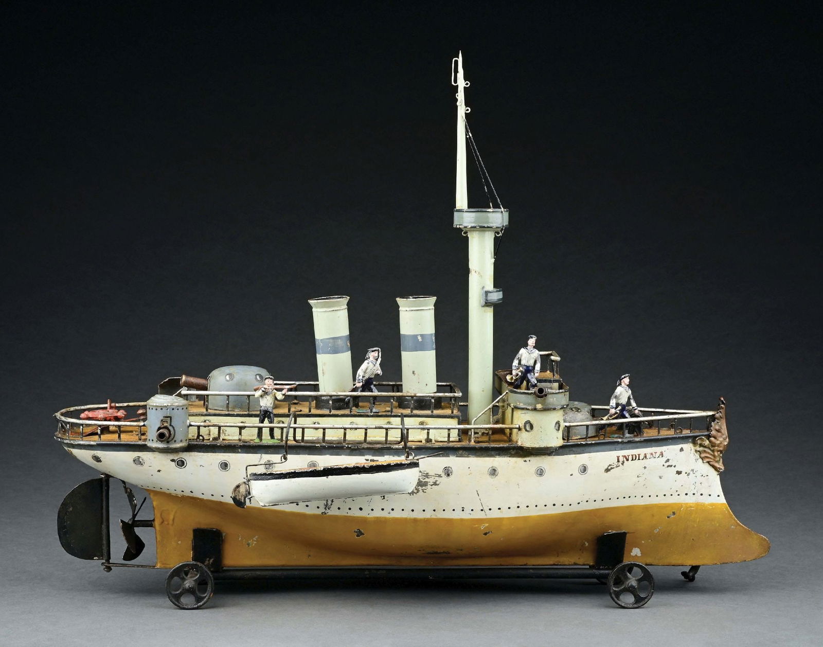 MARKLIN CAT. REF. 1090 "INDIANA" CRUISER SHIP W/ CLOCKWORK POWER: CONDITION: Very good to excellent. Boat retains an original stand and life boats. Item Dimensions: 20" x 8" x 17".