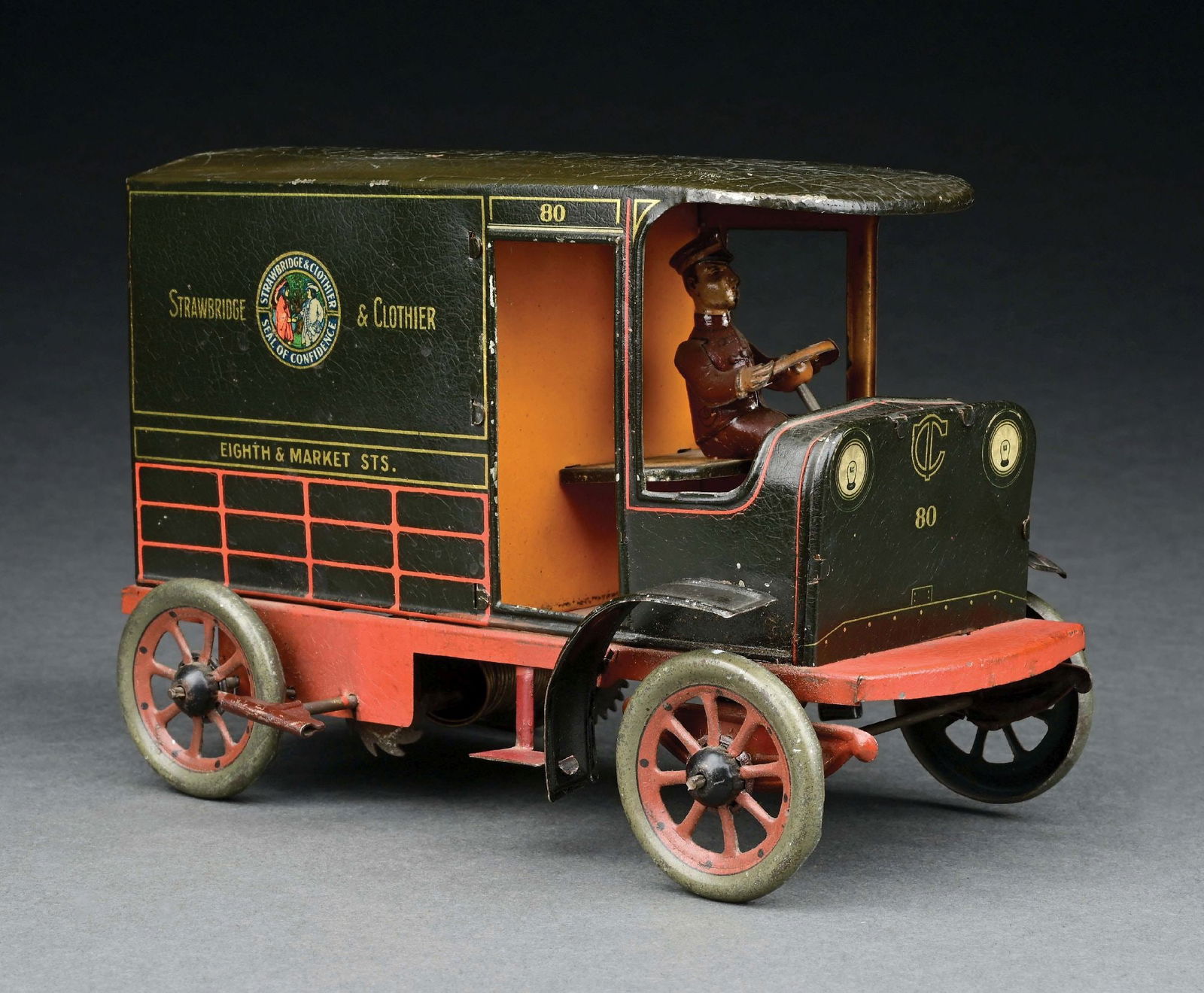 GERMAN TIN LITHO WIND-UP HANS EBERL STRAWBRIDGE & CLOTHIER 8TH & MARKET ST. TRUCK: It has the original backdoor and driver. There is slight crazing to the toy, especially on the roof. CONDITION: Excellent Condition. Item Dimensions: 7 - 1/4" x 4" x 5".