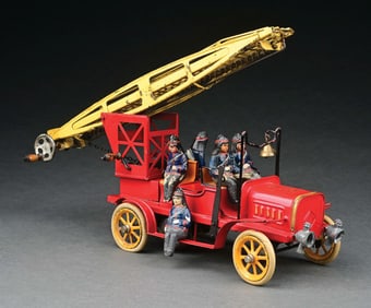 BING HAND-PAINTED CLOCKWORK FIRE LADDER TRUCK