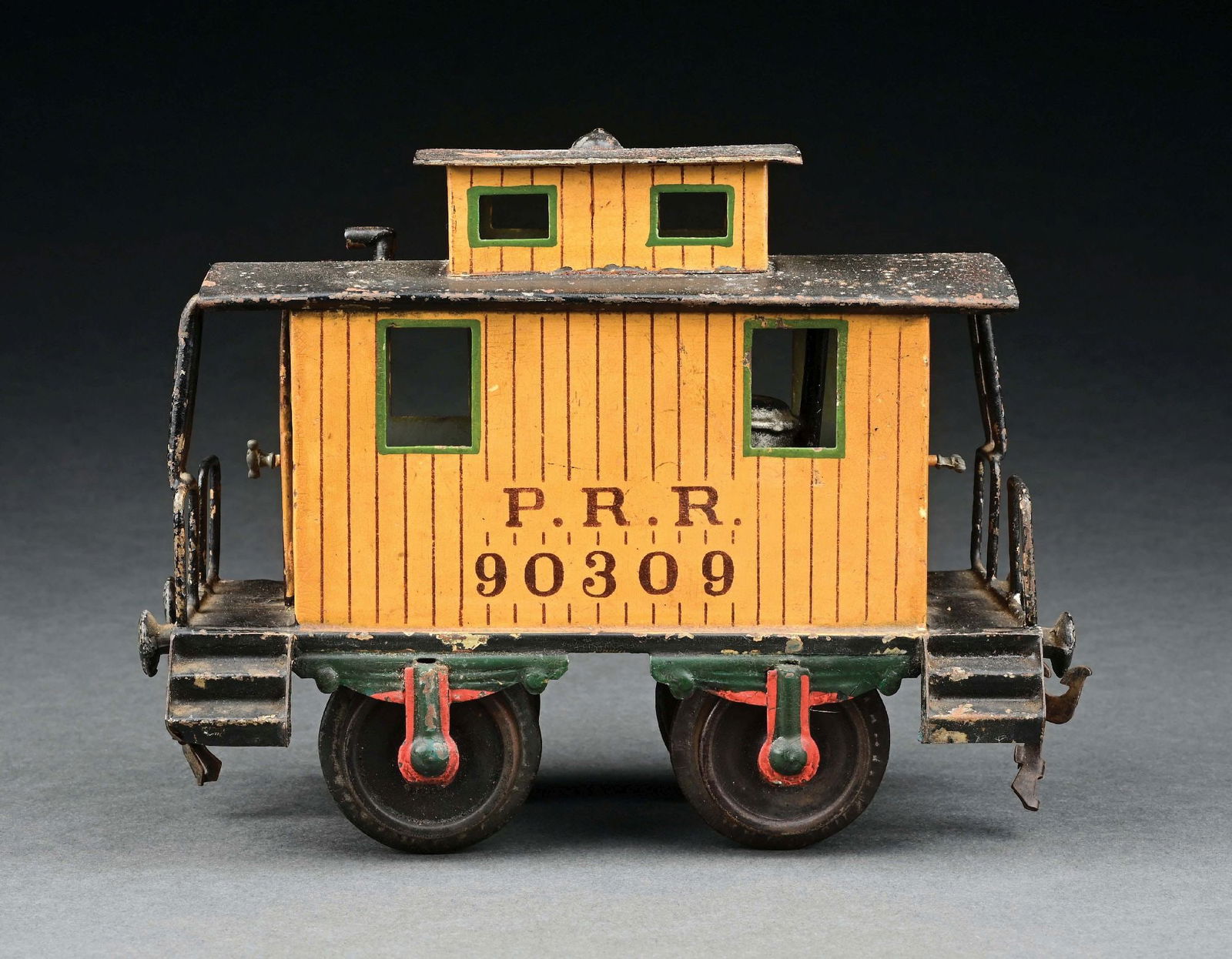 MARKLIN II GA. SCARCE YELLOW P.R.R. CABOOSE: CONDITION: Excellent condition. Roof is very good to excellent condition. Item Dimensions: 7" x 3" x 5 - 1/2".