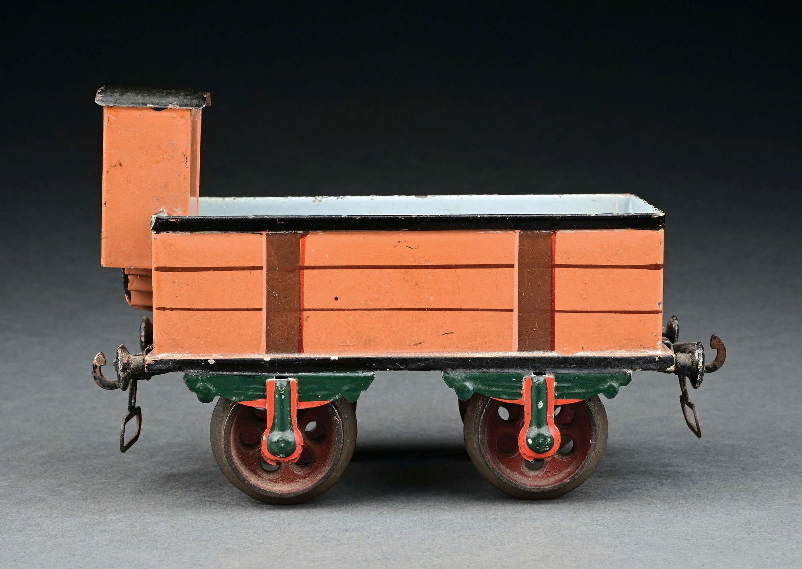 MARKLIN II GA. HAND-PAINTED 4-WHEEL COAL CAR W/ GUARDHOUSE: Has Gamages of London metal tag on end of car. CONDITION: Near mint. Item Dimensions: 7" x 3" x 5 - 1/2".