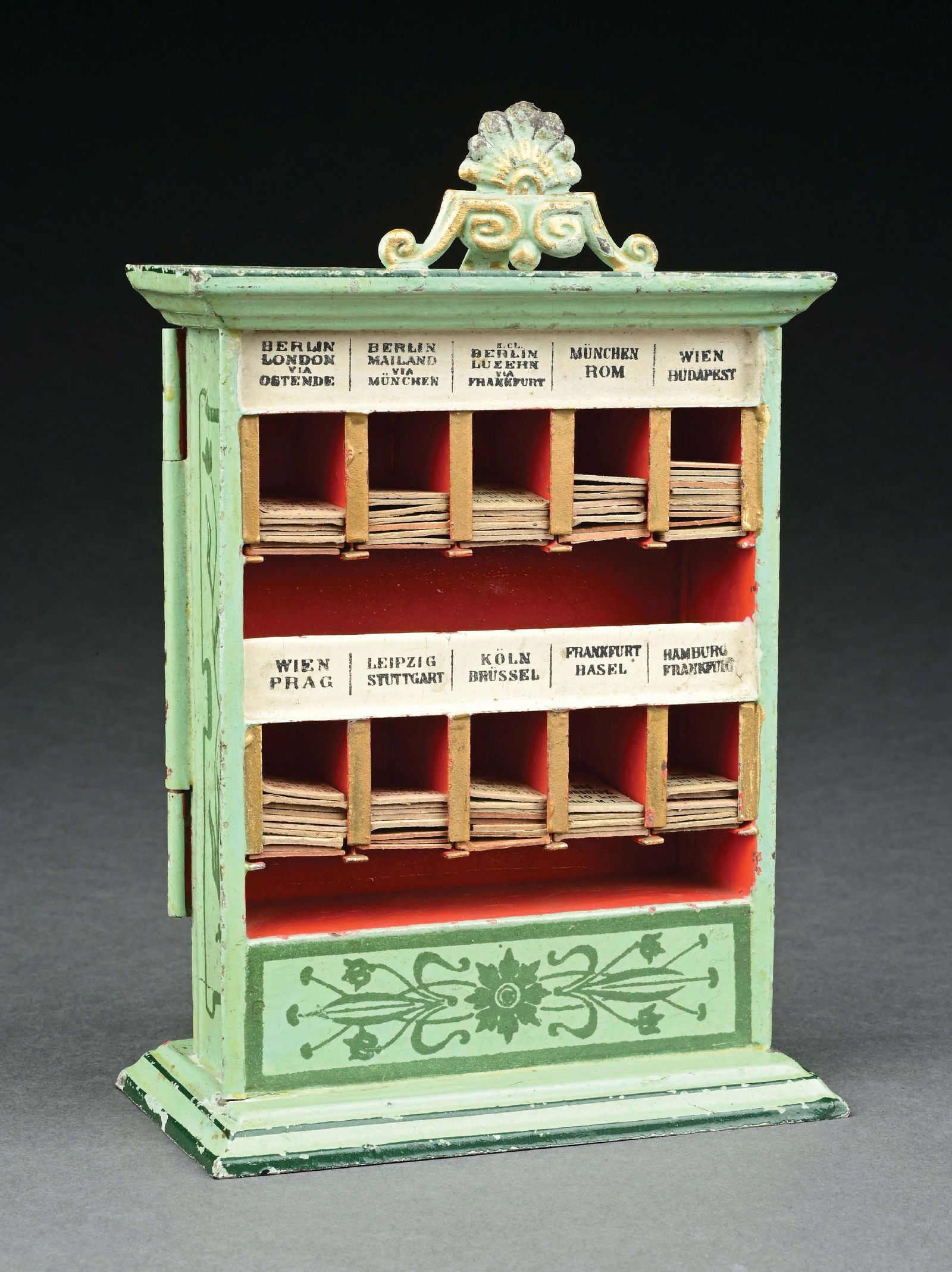 MARKLIN CAT. REF. 2194 HAND-PAINTED TICKET DISPENSER: C. 1904-1909. German destination. CONDITION; Retains many original tickets, excellent overall. Item Dimensions: 5" x 2 - 3/4" x 7 - 5/8".