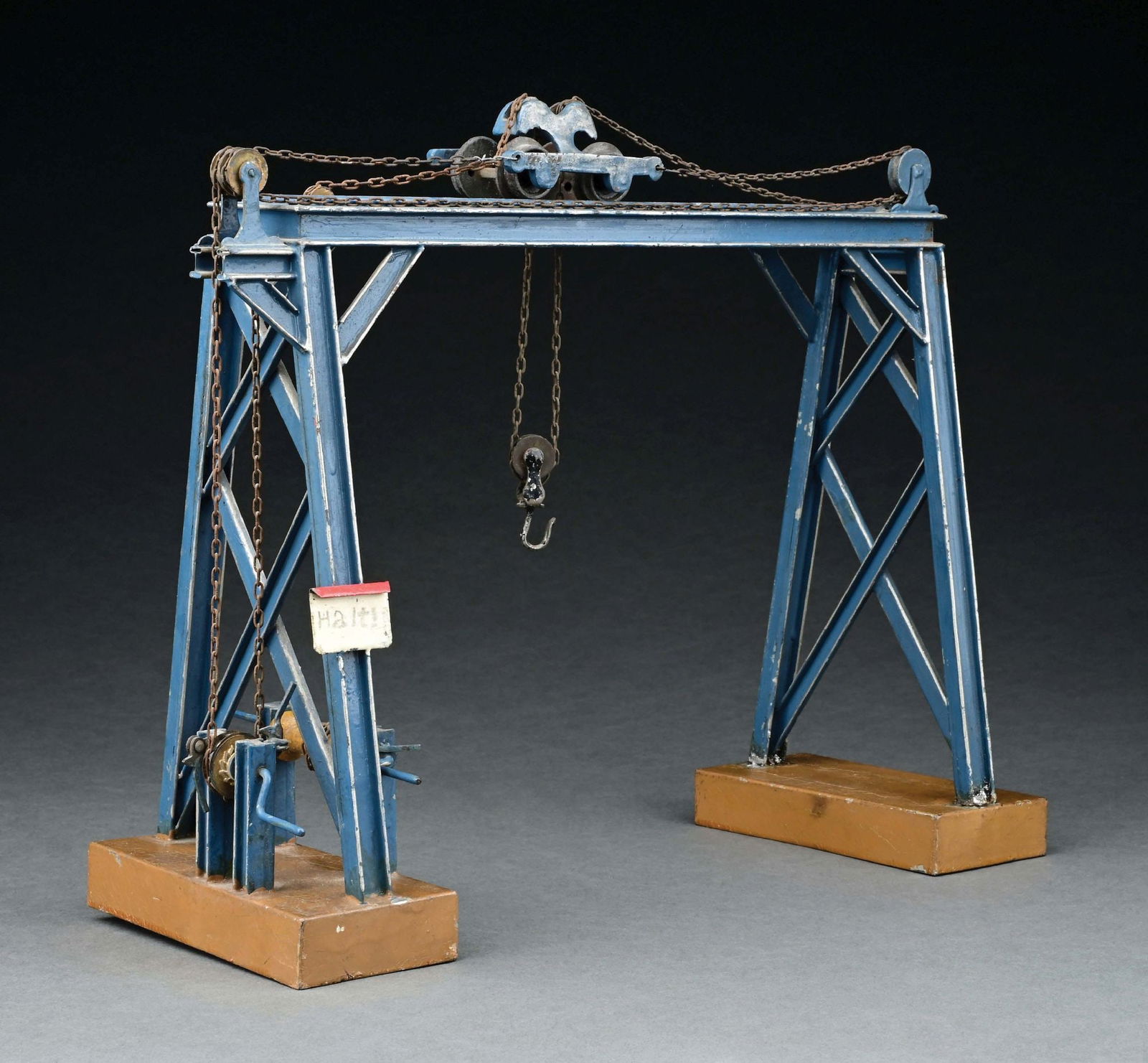 MARKLIN HAND-PAINTED GANTRY CRANE: CONDITION: Re-soldering to one base; otherwise, excellent condition. Item Dimensions: 14 - 1/2" x 5 - 1/2" x 11 - 3/4".