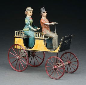 VERY EARLY GERMAN TIN HAND-PAINTED HORSELESS CARRIAGE