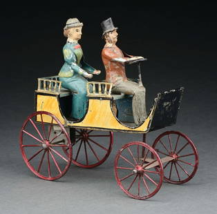 VERY EARLY GERMAN TIN HAND-PAINTED HORSELESS CARRIAGE: CONDITION: All original, very good to excellent condition. ILLUSTRATED: Pressland, David. Pressland's Great Book of Tin Toys. New Cavendish Books, 1995, pp 148, plate 266. Item Dimensions: 9 - 1/4" x