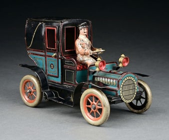 GUNTHERMANN TIN LITHO CLOCKWORK SIMULATED CONVERTIBLE TOWN CAR W/ HAND-PAINTED DRIVER