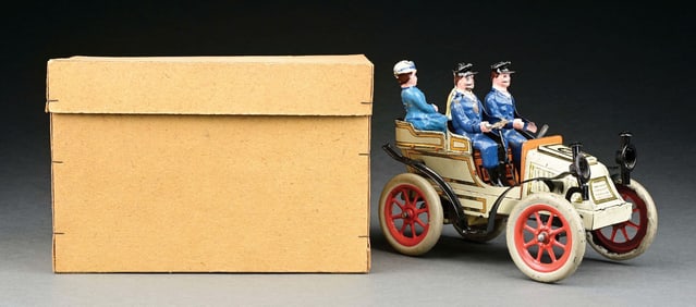 GUNTHERMANN TIN LITHO CLOCKWORK 4-SEAT OPEN CAR W/ HAND-PAINTED FIGURES & ORIGINAL BOX