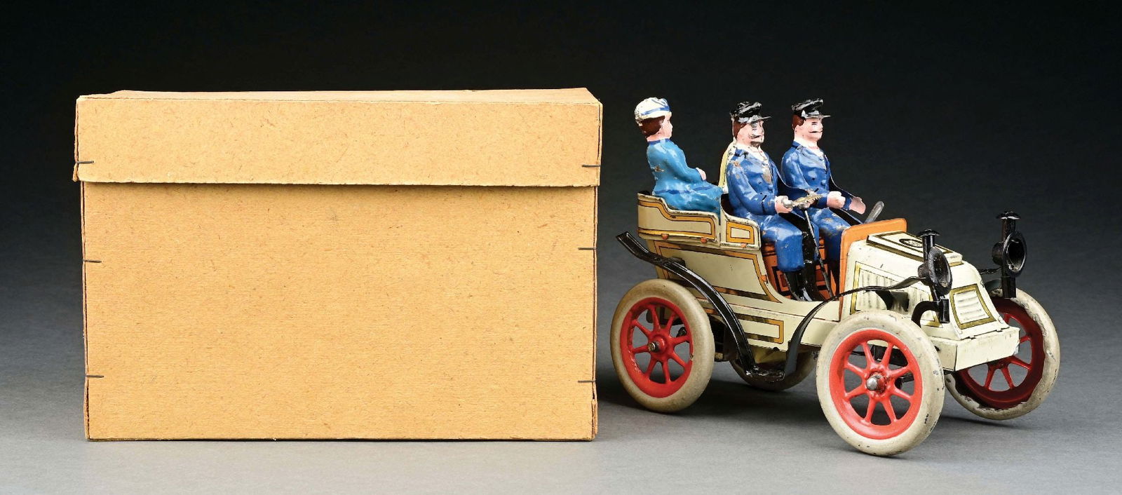 GUNTHERMANN TIN LITHO CLOCKWORK 4-SEAT OPEN CAR W/ HAND-PAINTED FIGURES & ORIGINAL BOX: CONDITION: Excellent to near mint condition. Item Dimensions: 8" x 4 - 1/2" x 6".