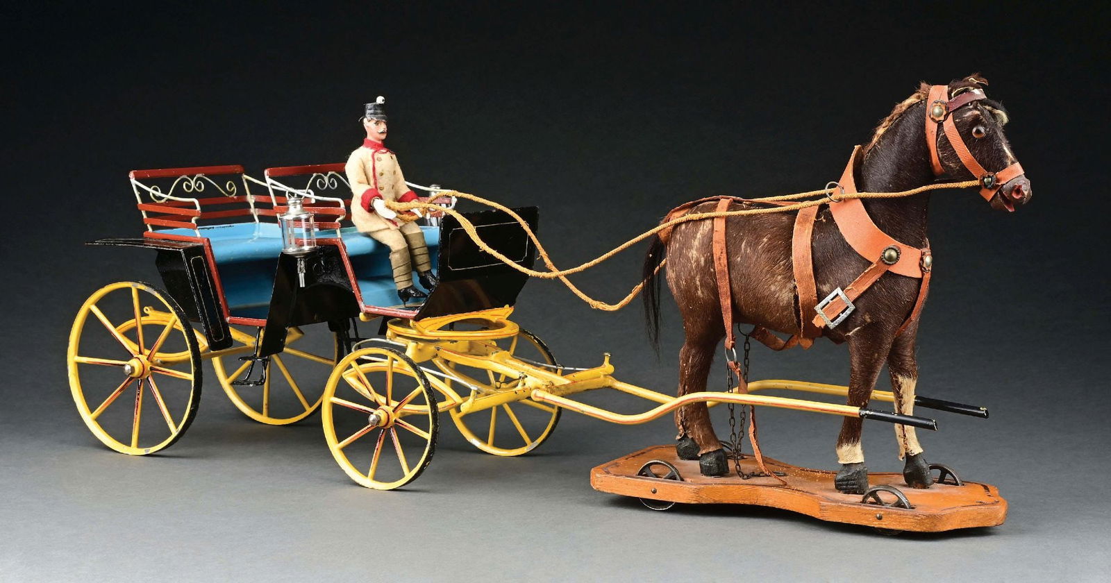 MARKLIN CAT. REF. 8424 PHAETÖN: CONDITION: Includes two replacement yokes and a German period horse. Minor inpaint on driver foot platform; otherwise, near mint condition. Item Dimensions: 28" x 7" x 12".