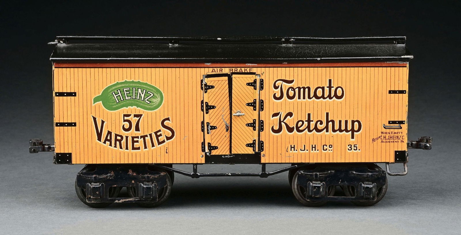 MARKLIN I GA. LITHOGRAPHED HEINZ TOMATO KETCHUP CAR: CONDITION: Near mint condition. Item Dimensions: 11 - 1/2" x 3" x 5 - 1/2".