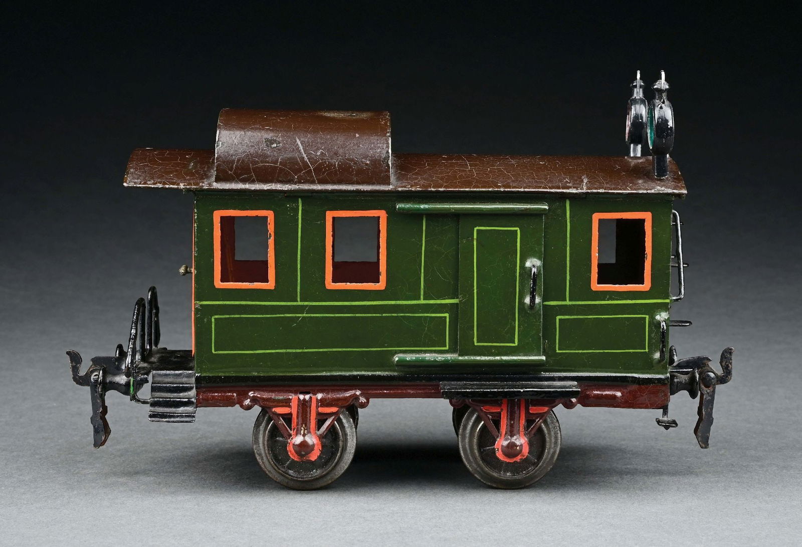 MARKLIN HAND-PAINTED GUARDSMAN'S CAR: C. 1904-1908. CONDITION: Replaced lamps; otherwise, near mint condition. Item Dimensions: 8" x 3" x 5".