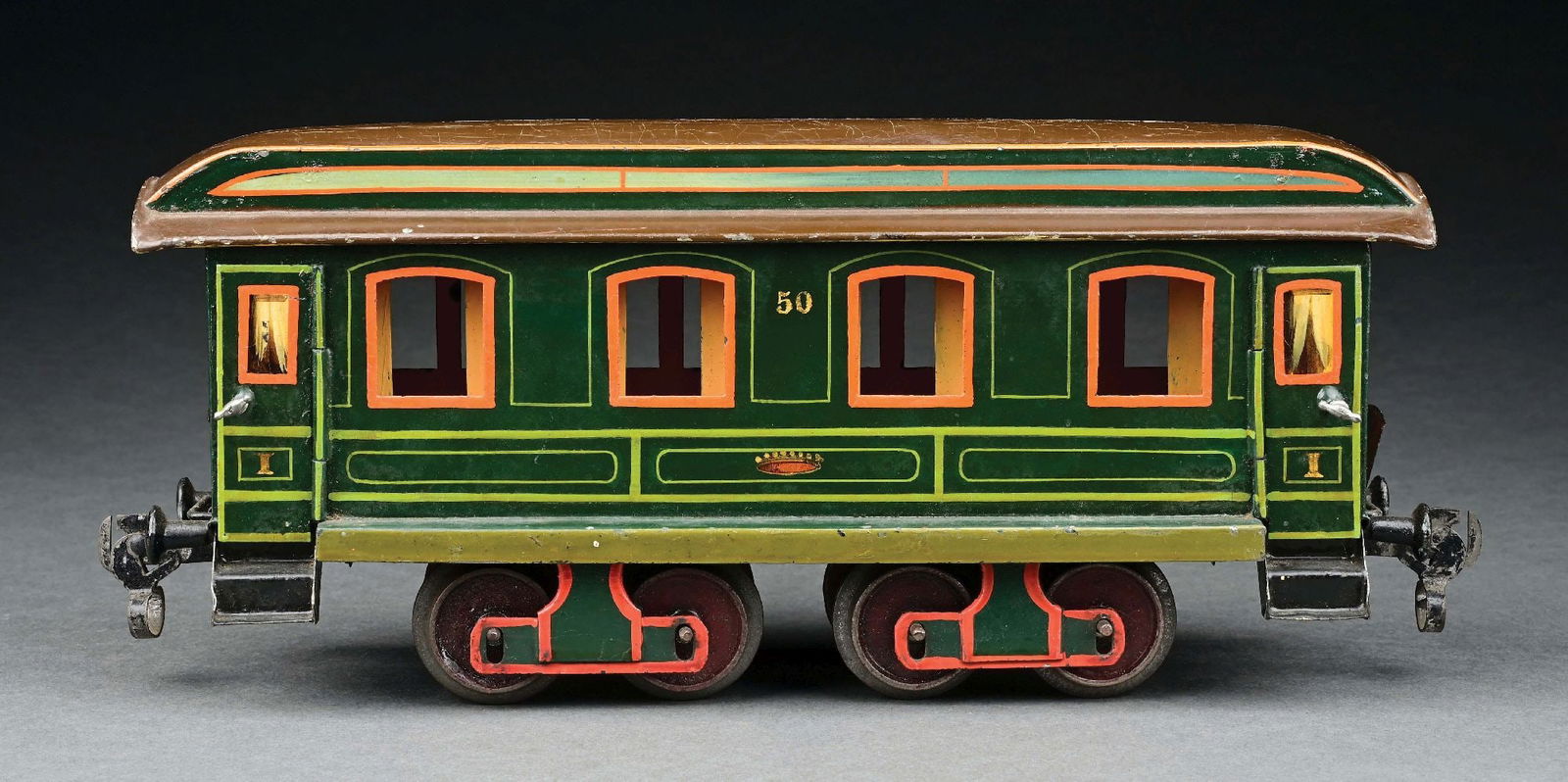 MARKLIN I GA. HAND-PAINTED KAISER COACH IN GREEN: CONDITION: Excellent to near mint condition, missing one door. Item Dimensions: 11 - 1/4" x 2 - 1/2" x 5".