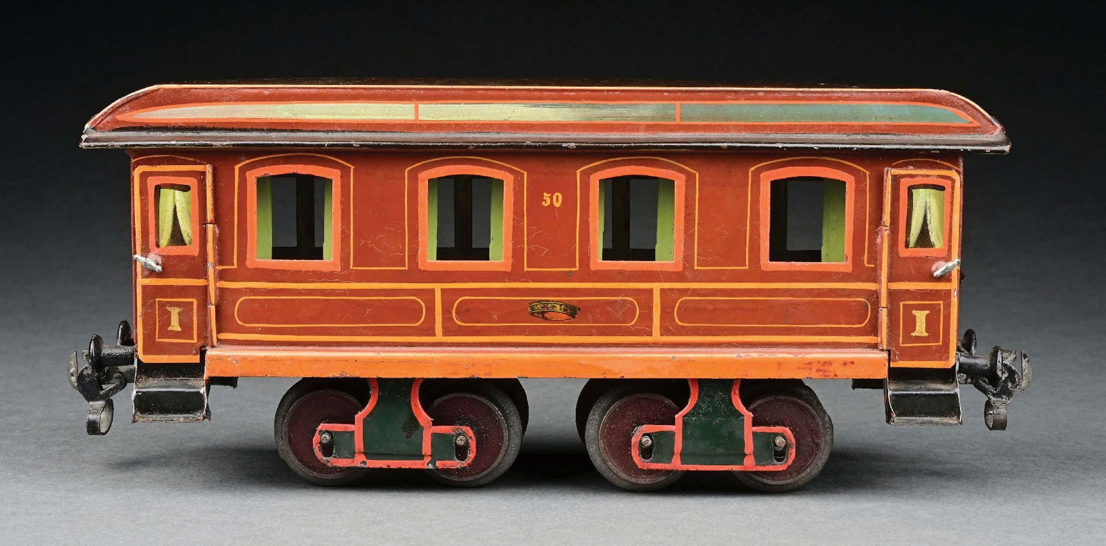 MARKLIN I GA. HAND-PAINTED KAISER COACH IN BROWN: CONDITION: Excellent plus to near mint condition with very minimal wear to paint. Item Dimensions: 11" x 3" x 5".