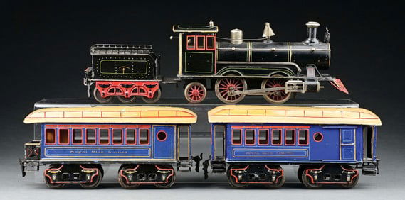 RARE MARKLIN II GA. HAND-PAINTED 0-4-2 TWO-CAR ROYAL BLUE LIMITED SET