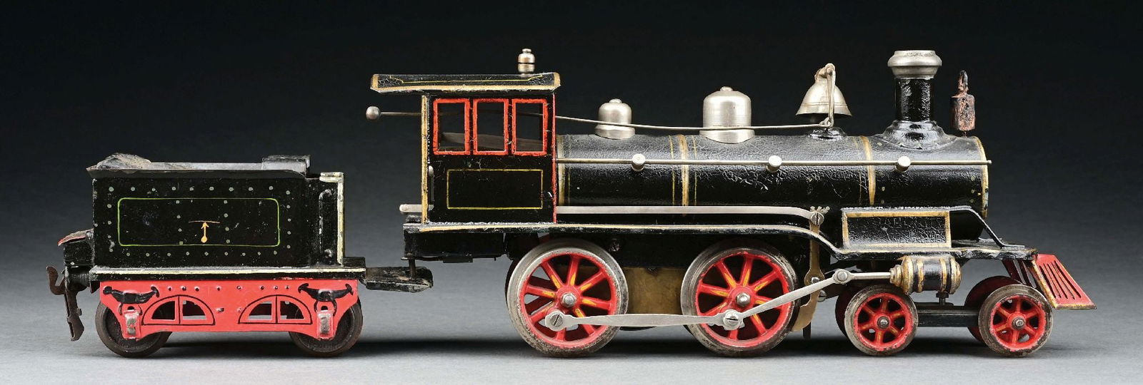 MARKLIN I. GA. 4-4-0 AMERICAN MARKET LOCOMOTIVE & TENDER: C. 1905. CONDITION: Excellent. Item Dimensions: Engine: 14" x 3" x 5 - 3/4".