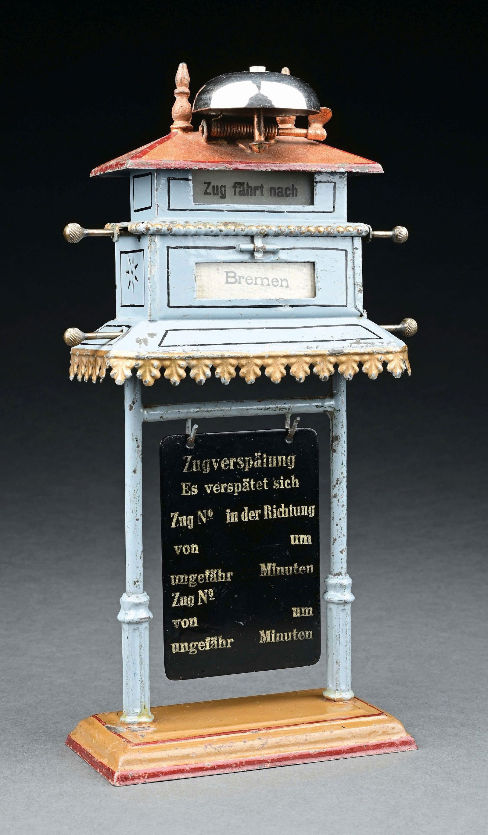 MARKLIN DESTINATION BOARD FOR GERMAN MARKET: CONDITION: Excellent. Original cloth roll still intact. Black handing sign replaced. Item Dimensions: 5 - 1/2" x 2 - 1/2" x 10".