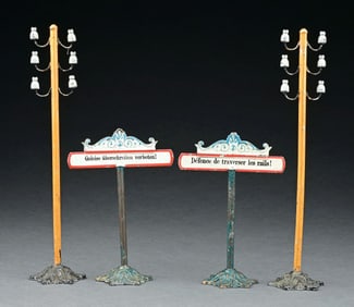 LOT OF 4: BING TRAIN ACCESSORIES, 2 TELEGRAPH POLES, 2 CROSSING SIGNS