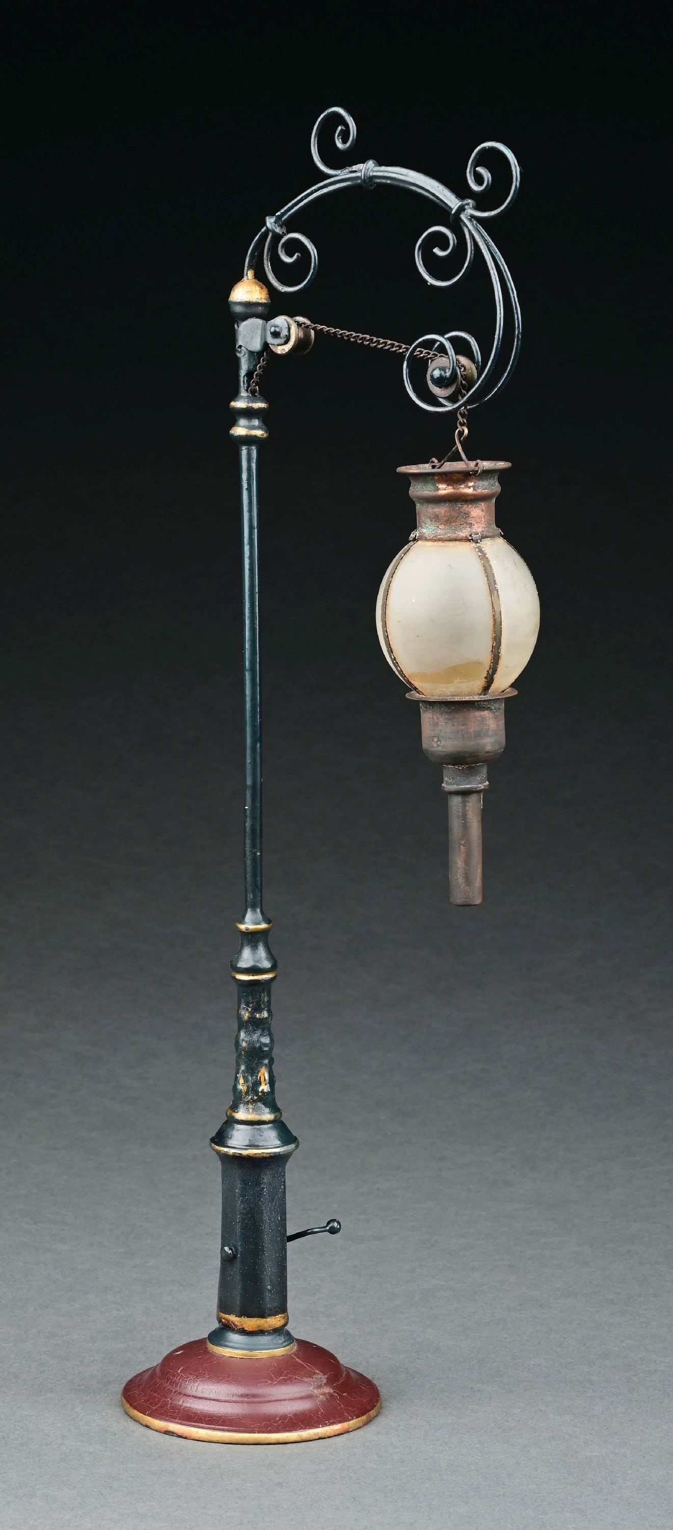 MARKLIN HAND-PAINTED OIL LAMP: CONDITION: Has crack in original glass globe; otherwise, restored. Item Dimensions: 15 - 1/2" T.