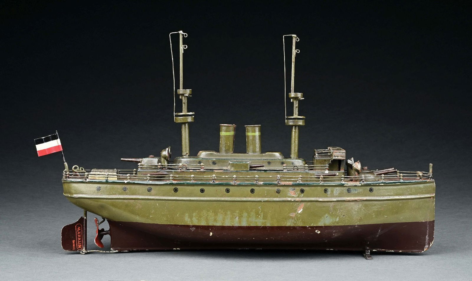 MARKLIN CRUISER: C. 1930S. CONDITION: Resoldered support stand. Excellent condition. Item Dimensions: 16" x 3 - 1/2" x 11".