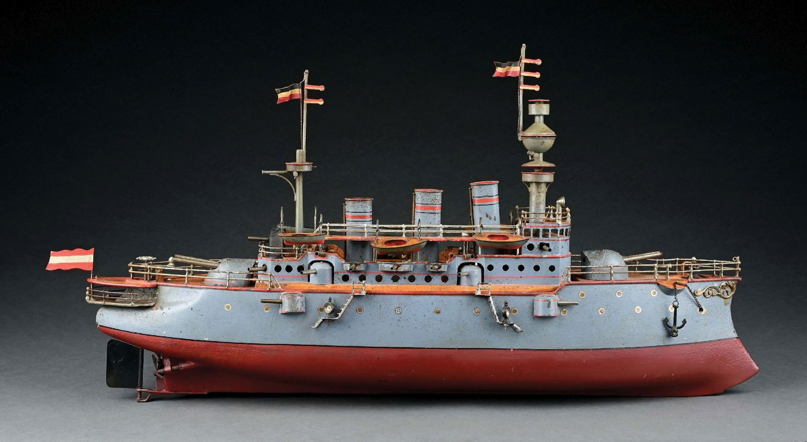 BING CAT. REF. 13082/3 STEAM POWERED BATTLESHIP: CONDITION: Replacement masts and six lifeboats; otherwise, all original. Lacking anchor. One hull side is excellent condition, other has some wear, grading very good. Item Dimensions: 32" x 5 - 1/2" x