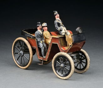 GUNTHERMANN TIN LITHO CLOCKWORK HORSELESS CARRIAGE W/ HAND-PAINTED FIGURES