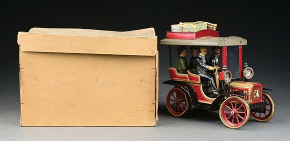 CARETTE TIN LITHO CLOSED NO. 50 W/ HAND-PAINTED FIGURES & ORIGINAL BOX