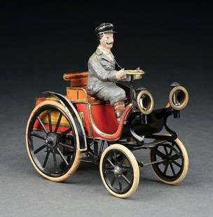 GUNTHERMANN TIN LITHO CLOCKWORK HORSELESS CARRIAGE W/ HAND-PAINTED DRIVER: CONDITION: Original driver and headlamps, as well as tires. Some paint loss to figure and one rear wheel; otherwise, excellent condition. Item Dimensions: 7" x 3 - 1/2" x 7".