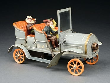 BING HAND-PAINTED CLOCKWORK OPEN 4-SEAT TOURING CAR W/ GLASS WINDSHIELD