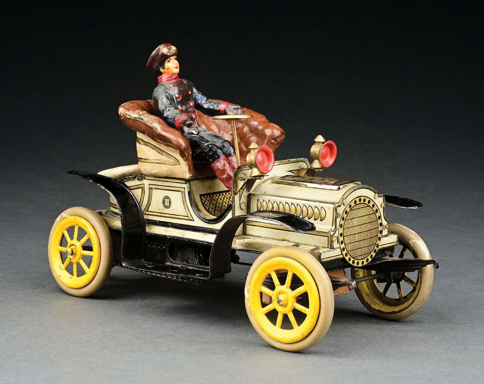 GUNTHERMANN TIN LITHO 2-SEAT TOURING CAR W/ BILLOW BOX MECHANISM: CONDITION: Replaced tires. Wheels most likely restored; otherwise, excellent condition overall. More contemporary driver. Item Dimensions: 8" x 4 - 1/2" x 6".