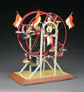 RARE MARKLIN CAT. REF. 1122 HAND-PAINTED FERRIS WHEEL W/ MUSIC BOX: C. 1900. CONDITION: Replaced flag, retains original figures. ILLUSTRATED: Pressland, David. Pressland's Great Book of Tin Toys. New Cavendish Books, 1995, pp 248, plate 482. CONDITION: Excellent with