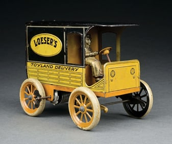 GERMAN HANS EBERL TIN LITHO WIND-UP LOESER'S TOYLAND DELIVERY TRUCK