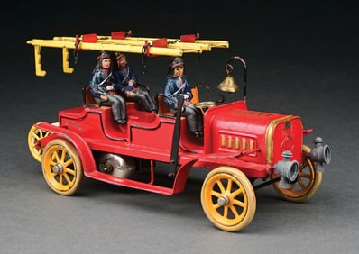 BING HAND-PAINTED CLOCKWORK-POWERED HOSE REEL FIRE TRUCK