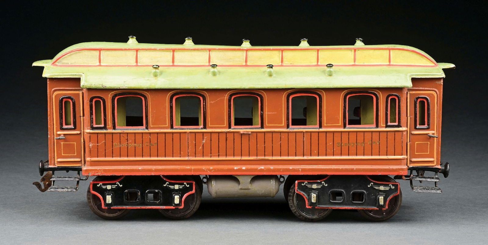 MARKLIN II GA. HAND-PAINTED SLEEPING CAR: English inscriptions. CONDITION: Missing one journal box; otherwise, excellent to near mint. Item Dimensions: 15" x 4 - 1/2" x 6".