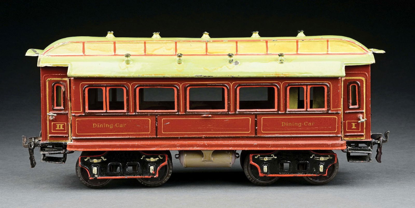 MARKLIN II GA. HAND-PAINTED 8-WHEEL DINING CAR: English inscriptions. CONDITION: Excellent to near mint. Item Dimensions: 15" x 4 - 1/2" x 6".